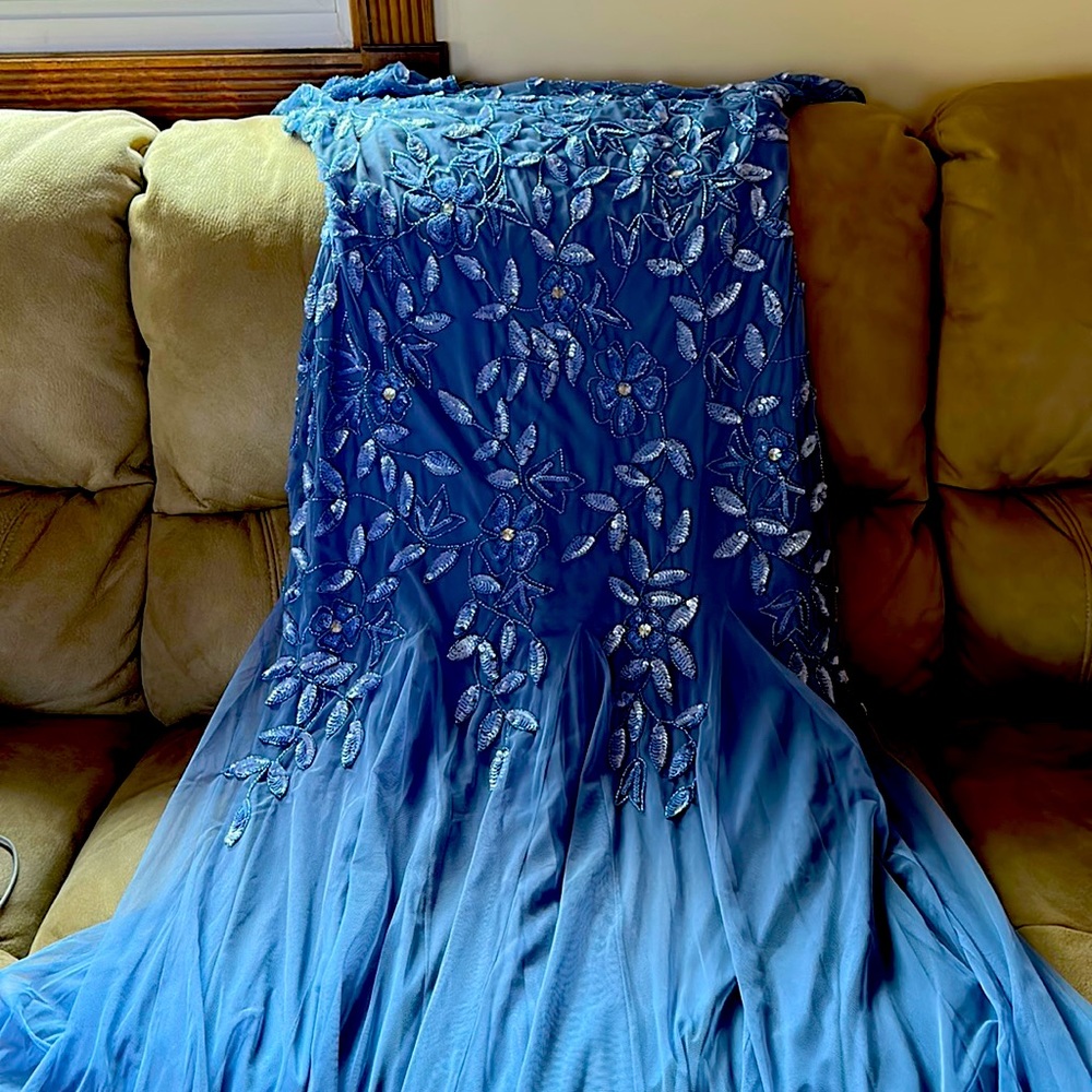 Hand beaded short sleeve floral godet gown in French blue size 18.
